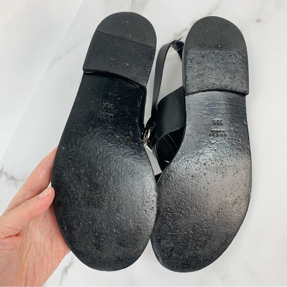 GUCCI Juliette Black Leather Horsebit Open Toe Flat Strappy Summer Sandals 38.5 - Picture 12 of 13